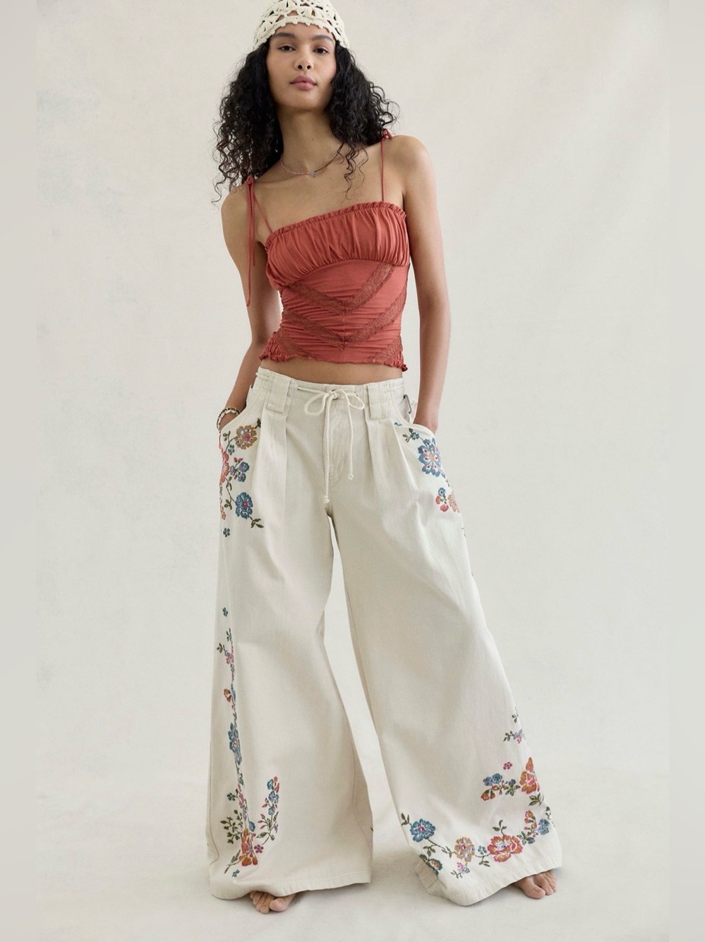 Free People Julian Wide Leg Pull On Embellished Pants Floral Smocked Ivory Combo